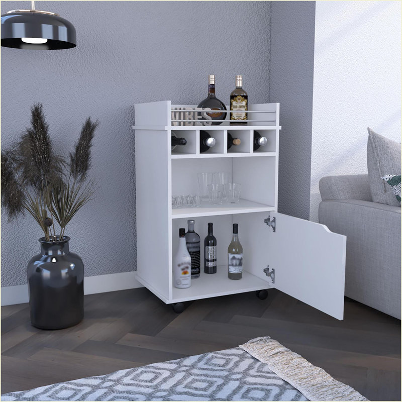 Chariot-bar H 35 po avec 2 tablettes, 4 casiers à vin et 1 armoire, blanc neige | Panneau de particules | Blanc, Blanc