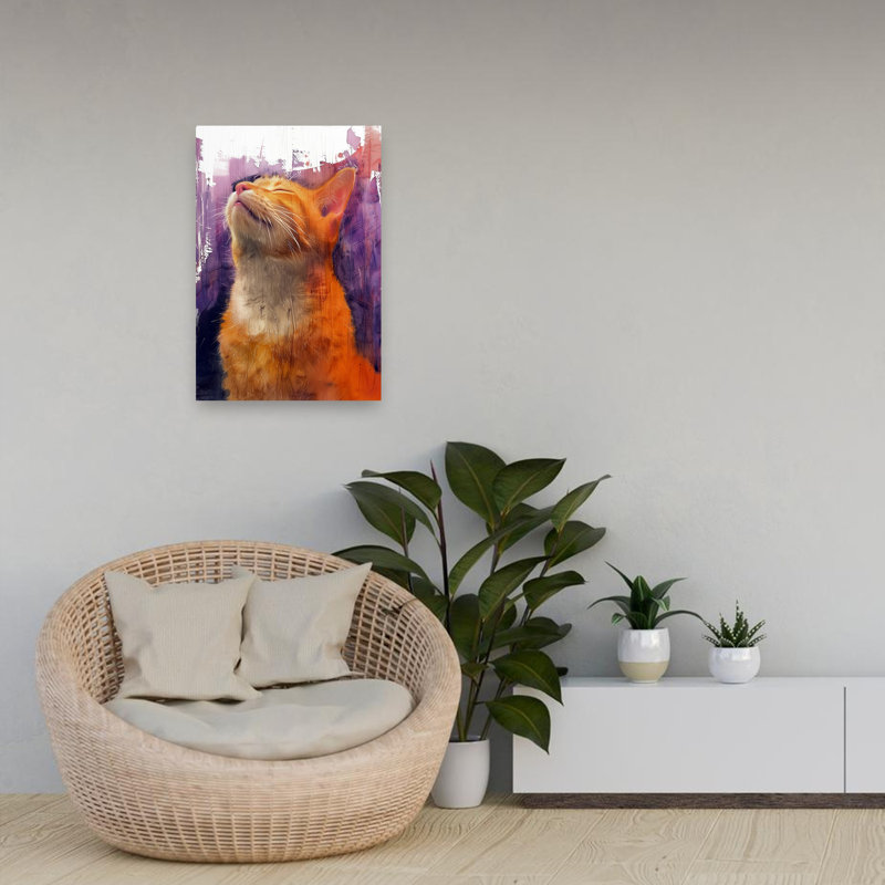 «Blissful Orange Cat», art abstrait coloré, chat rêveur, H 24 po x l 16 po