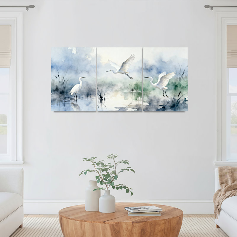 Ensemble de 3 tableaux muraux sur toile tendue, représentant un héron blanc à l'aquarelle, H 30 po x l 60 po