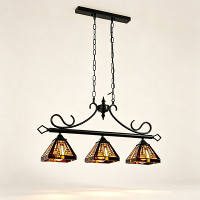 Tiffany Style 3-Light Linear Pendant Light with Stained Shades for Dining Room, Kitchen Island and Living Room, E26 Bulb Not Included