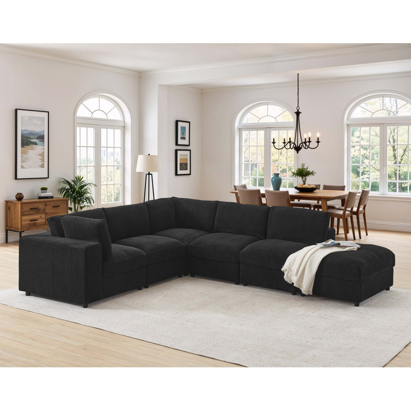 Canapé modulaire de coin avec repose-pieds 108,5 po Arregui, Velours côtelé noir