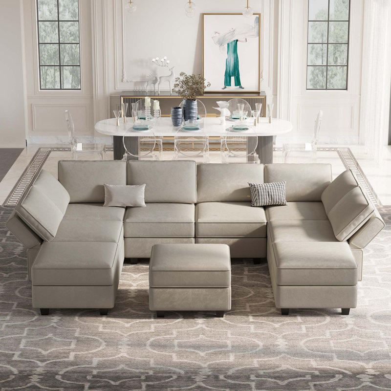 Wylodene 116.6'' Variable Module Velvet Sofa Bed Sectional U Shape Couch with Storage Seat Ottoman, Gray Velvet