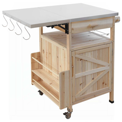 40.5" Outdoor Grill Cart with Stainless Steel Top, Solid Wood Outdoor Storage Cabinet with Drop Leaf, One Drawer, Towel Rack, Rolling Kitchen Cart with Lockable Wheels for Lawn Garden