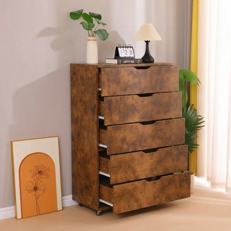 Commode mobile à 5 tiroirs avec roulettes, Brun rustique