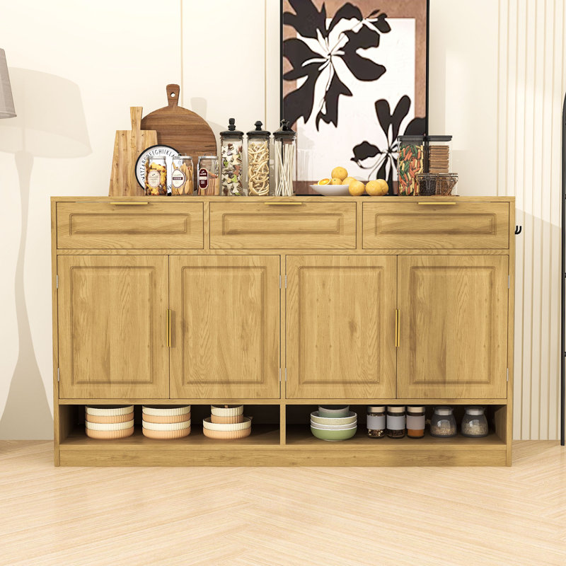 Farmhouse Sideboard Buffet with Adjustable Shelf, 3 Drawers, 4 Doors and Open Compartments, Natural