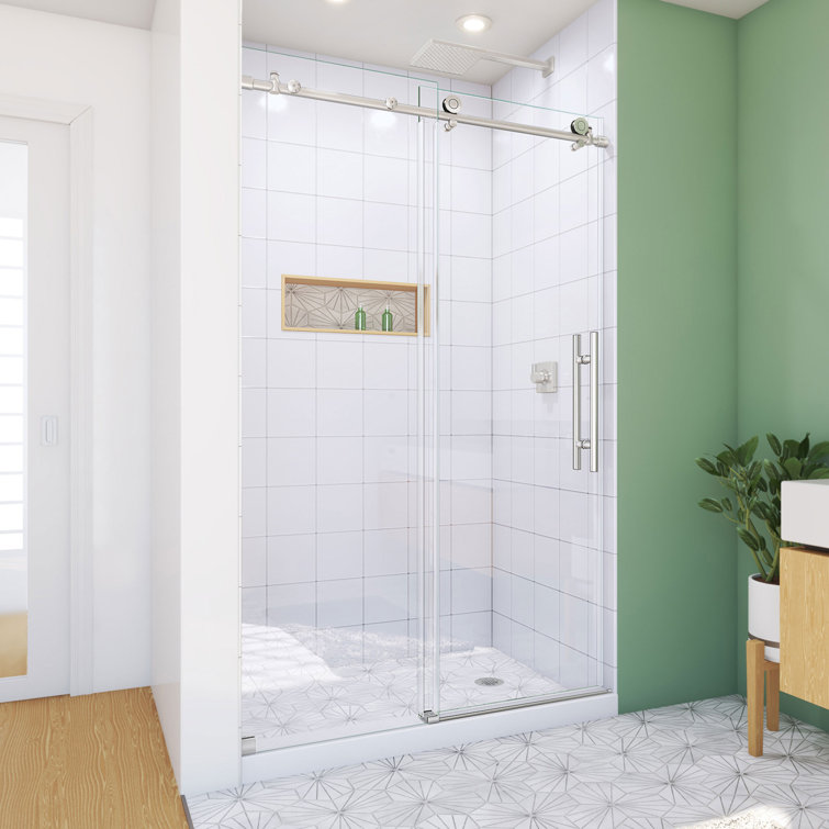 Sunny Shower Fully Frameless Sliding Shower Doors, 3/8 Clear Glass, 60 W  x 72 H Shower Enclosure, Brushed Stainless Steel 