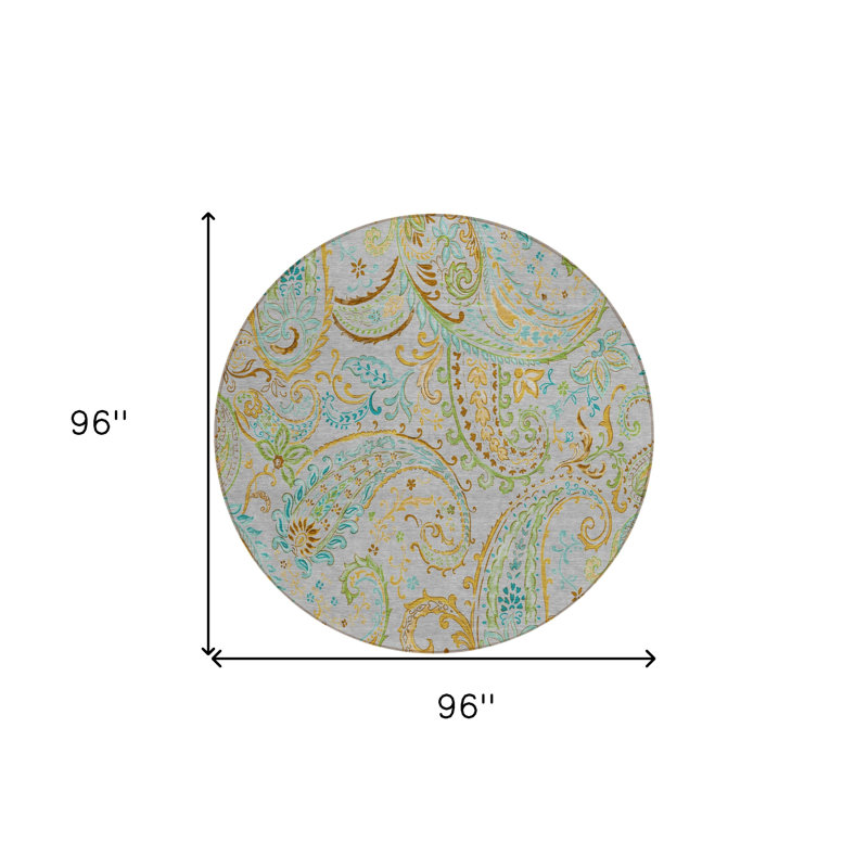 Tapis d'intérieur rond 8 po gris et doré rond à motif cachemire lavable antidérapant