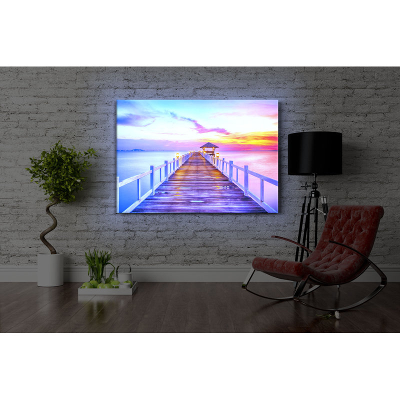 Jetty Into The Sea At Sunset by No - Wrapped Canvas Print, 70cm H x 100cm W x 4.5cm D, With lighting