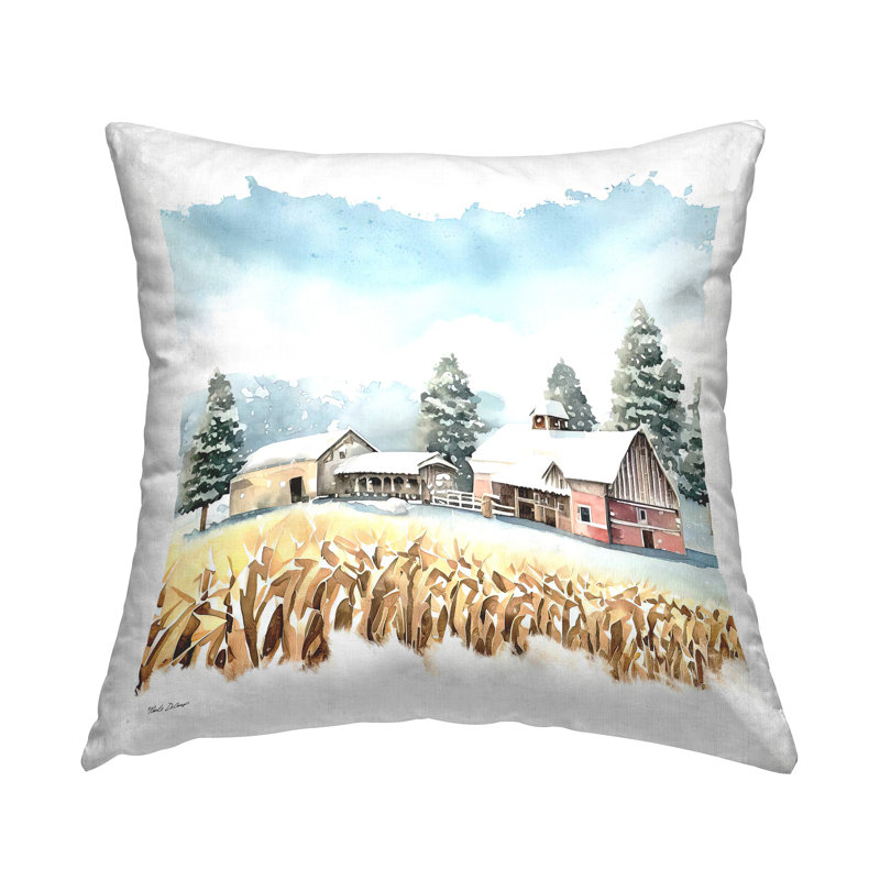 Winter Barn Wheat Field Decorative Printed Throw Pillow by ND Art
