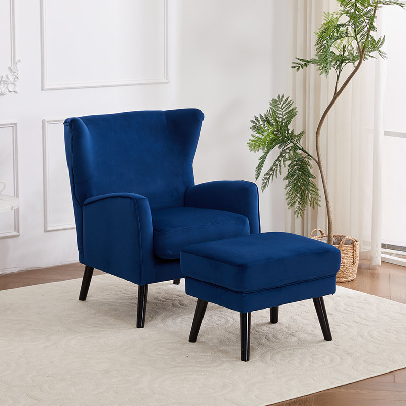 Upholstered Wingback Chair with Footstool, Blue Velvet