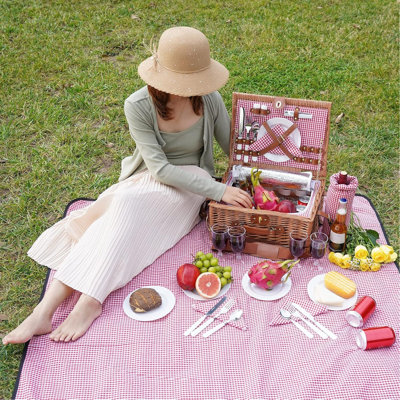 Insulated Willow Picnic Basket For 4 – Handmade Wicker Hamper With Shoulder Strap, Waterproof Picnic Blanket – Ideal For Outdoor, Camping & Gifts (Thanksgiving, Christmas, Holidays),check-2P