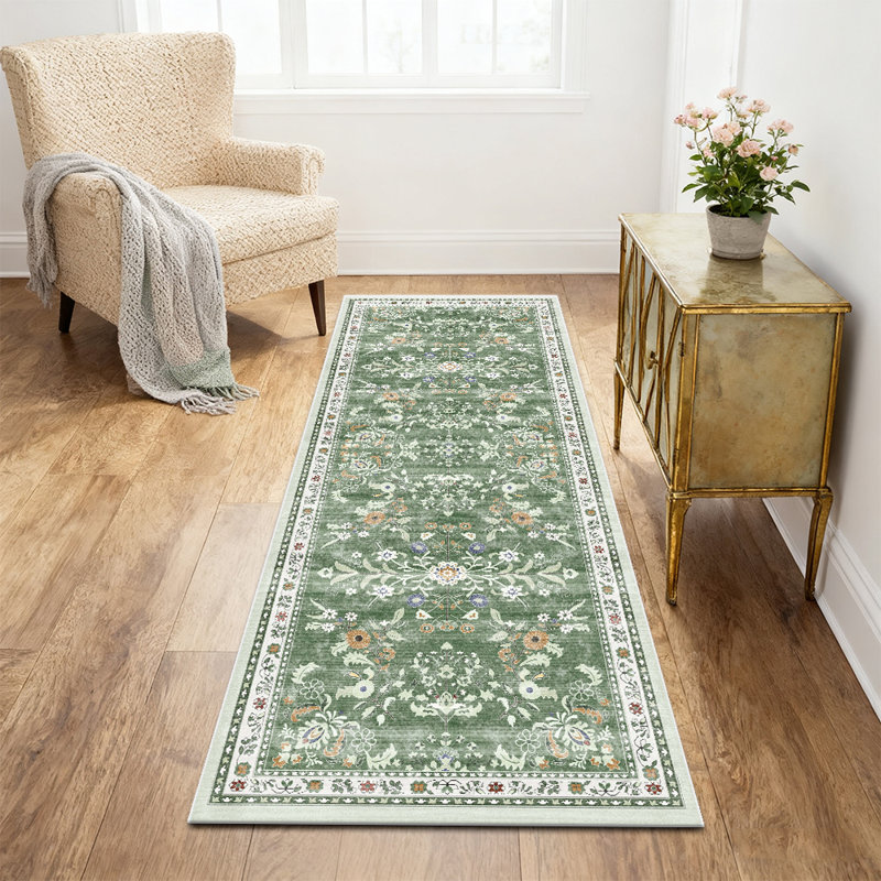 Machine-washable runner carpet Green bohemian floral carpet Hallway carpet, Runner 2' x 6'