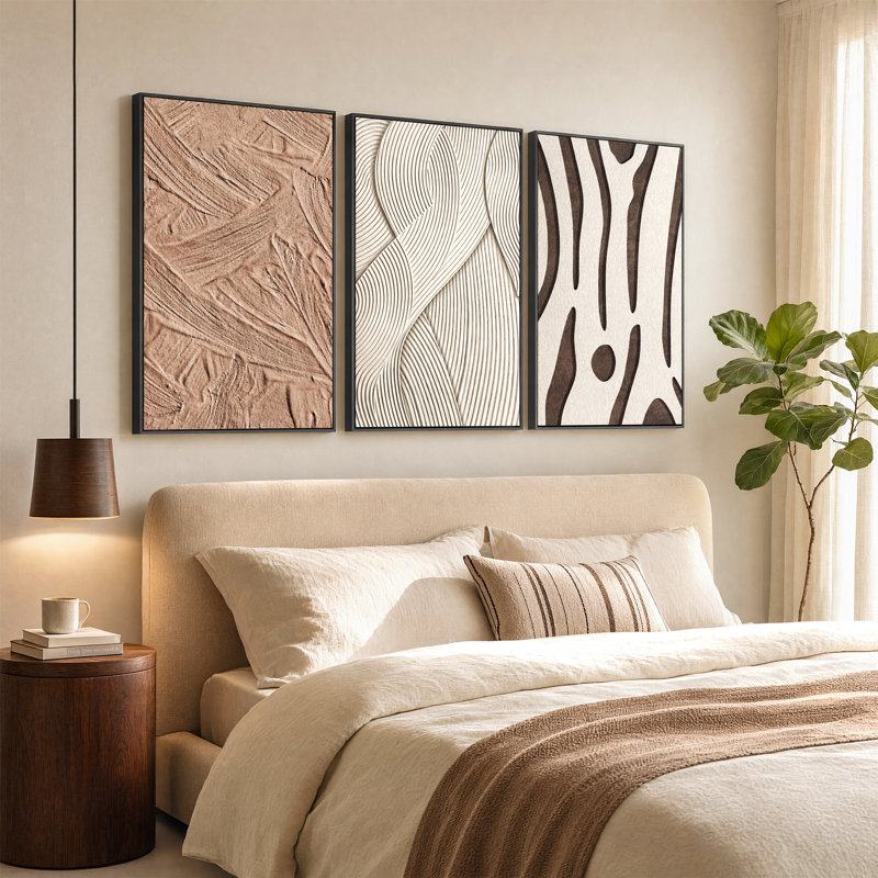 «Sandstone Textured River», ensemble d'art sur toile - Paysage abstrait brun et blanc sur toile, triptyque pour intérieurs modernes