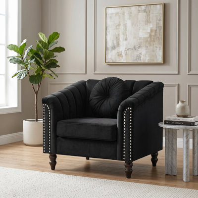 Black Upholstered Armchair with Channel Tufting, Rolled Arms and Nailhead Trim