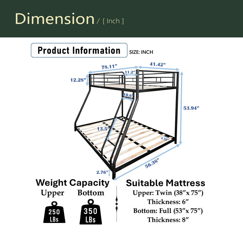 Metal Twin Over Full Bunk Bed/ Heavy-Duty Sturdy Metal/ Noise Reduced/ Squeak Free/ Wooden Slat/ No Box Spring Needed