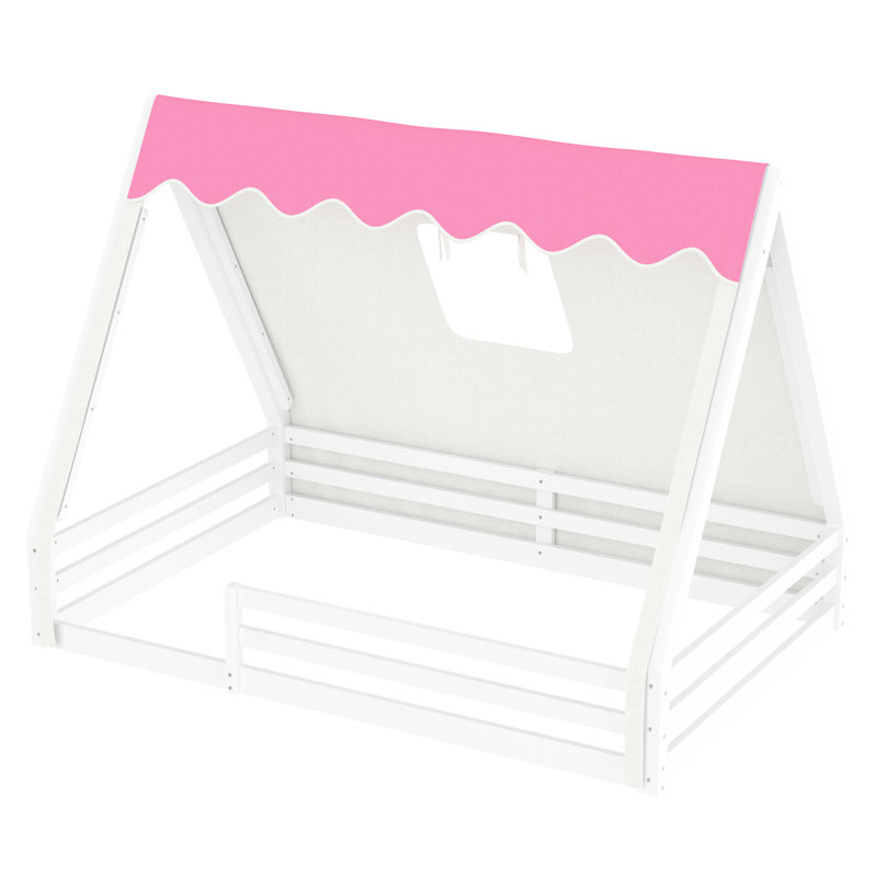 Lit double au sol avec tipi blanc et rose, garde-corps pour un coin de lecture blanc et rose, conception en bois massif