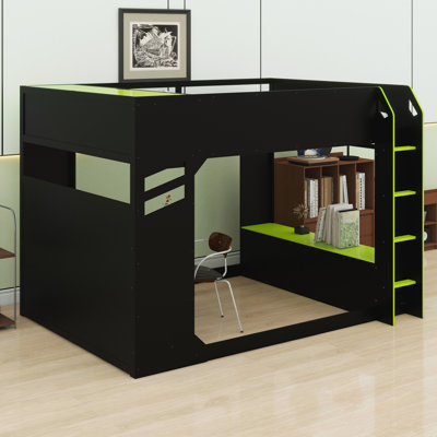 Lit mezzanine en bois avec bureau réglable en hauteur, tiroirs, compartiments de rangement, tringle et lumières RVB