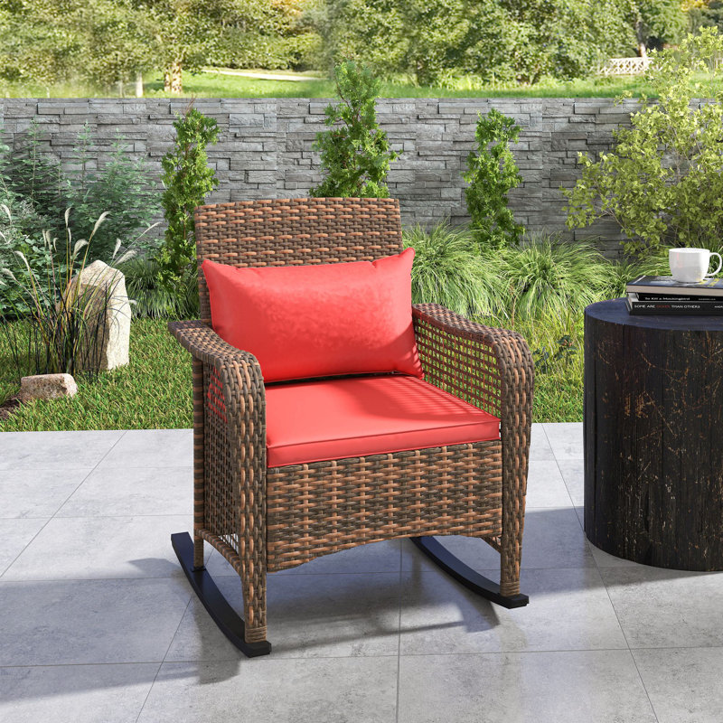 Steel, Wicker, Polyester Rocking Chair, Red/Brown