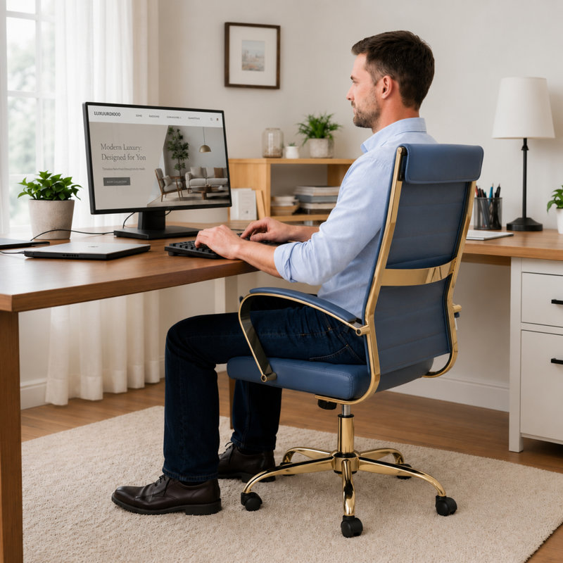 Humairaa Leather Office Chair – Executive Task Chair with Swivel, Adjustable Height & Gold Base for Home Office or Conference Room