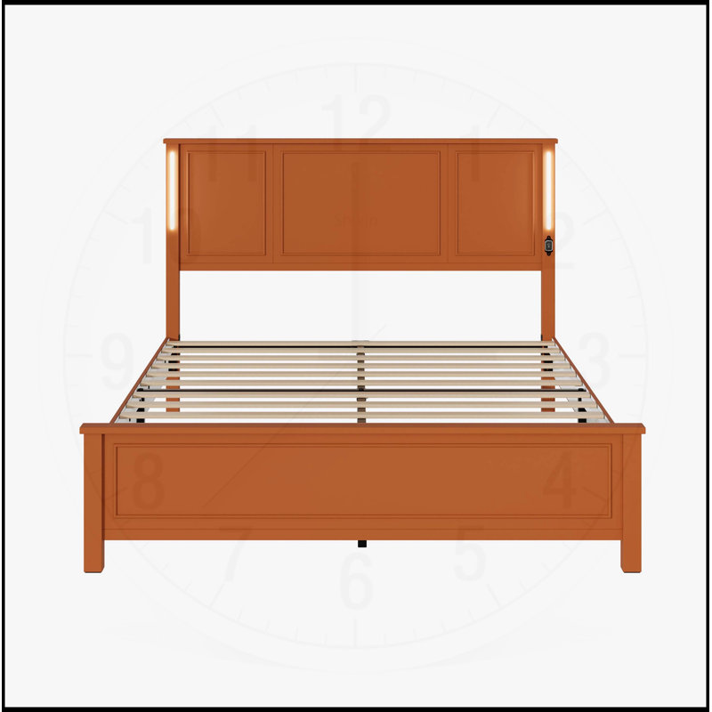 Structure de lit plateforme grand lit avec tête de lit en bois, station de charge, lumières DEL et support à 12 lattes de bois, aucun sommier nécessaire, brun