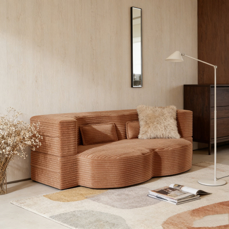 Modern Floor Sofa with 2 Pillows, Orange, Corduroy