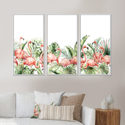 " Pink Flamingos & Palm Leaves & Tropical Birds " 3 - Pieces Painting Print
