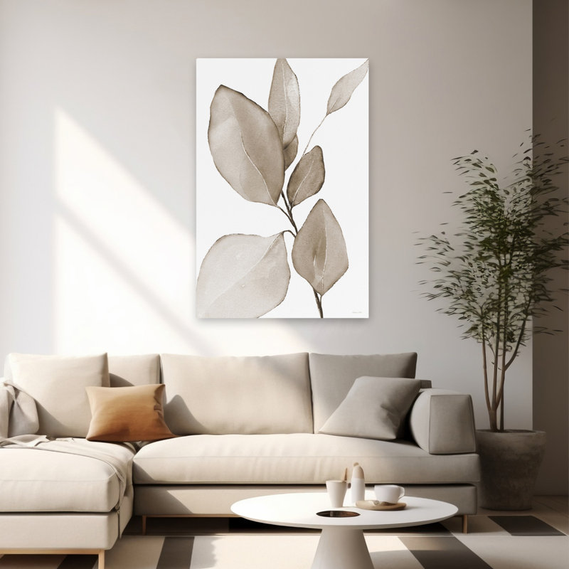 «Neutral Simplicity Leaves 3» - Art contemporain feuillage botanique abstrait brun terre, H 60 po x l 40 po