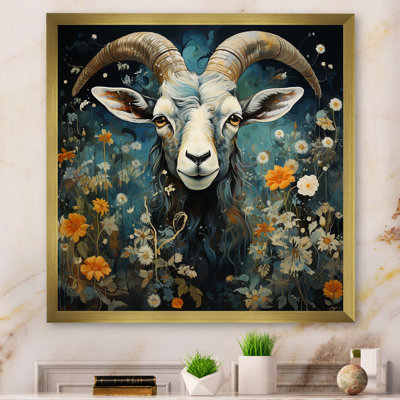 Bleu et jaune, fleurs de chèvre - art mural animal de chèvre