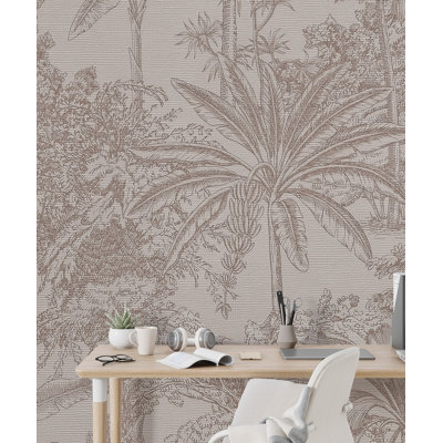 Papier peint mural tropical à motifs linéaires taupe | Papier peint neutre à motif de jungle de palmiers | Intissé ou autocollant