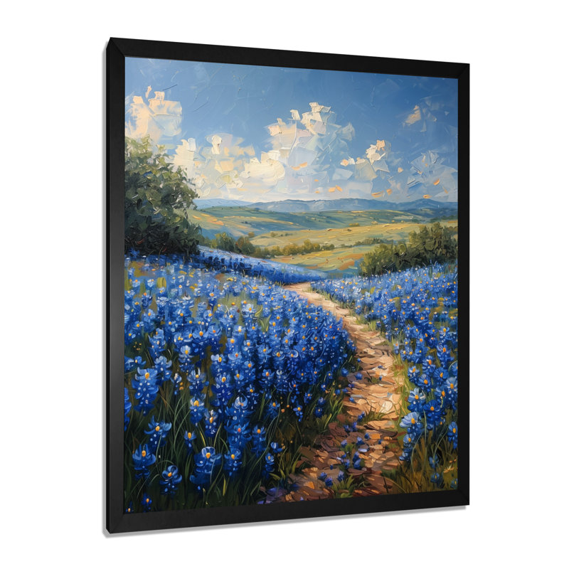 Summer Morning Magic Blue Bonnets Fields I - Blue Bonnets Wall Art Print, 24" H x 32" W x 1" D, Black Single Picture Framed