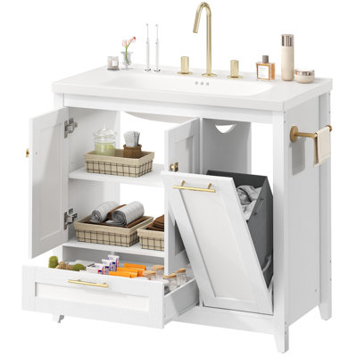 36" Bathroom Vanity with Ceramic Top, Storage Cabinet With Drawer and Tilt-out Laundry Hamper Basket 