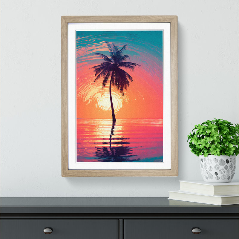 Palm Tree Modern - Single Picture Frame Print on Wood, Oak Framed, 46cm H x 34cm W x 2cm D