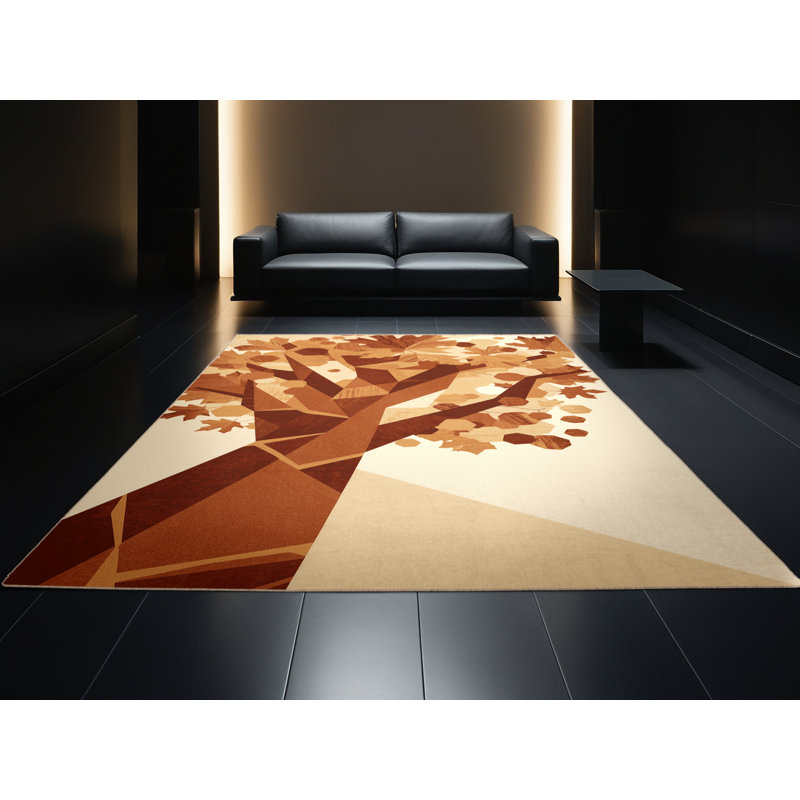 Tapis géométrique beige lavable à la machine à motif d'érable moderne et motif d'érable, Carré 3 pi