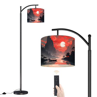 Arc Floor Lamp Serene Landscape Traditional Chinese Pagoda Boat Mountainous Floor Lamps with Remote LED Lights Adjustable Lamp Shades Tall Standing Lamps for Reading Office Living Room