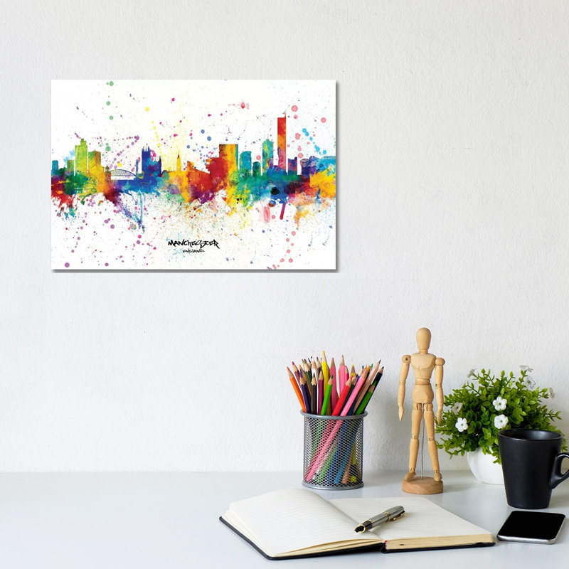 Manchester England Skyline Splash by Michael Tompsett - Wrapped Canvas Gallery-Wrapped Canvas Giclée, 20.32 cm H x 30.48 cm W