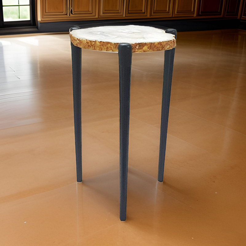 Table d'appoint Henri 18 po, plateau en pierre d'agate, pieds en aluminium, moderne, blanc