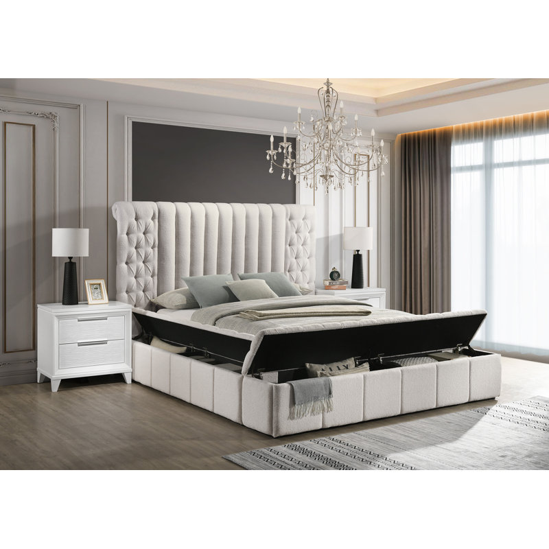 Lit de rangement capitonné Kayland, Blanc, Grand