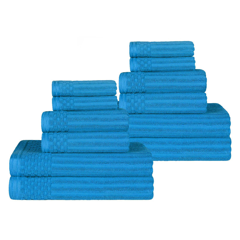 Azure Cotton 12-Piece Ribbed and Checkered Towel Set
