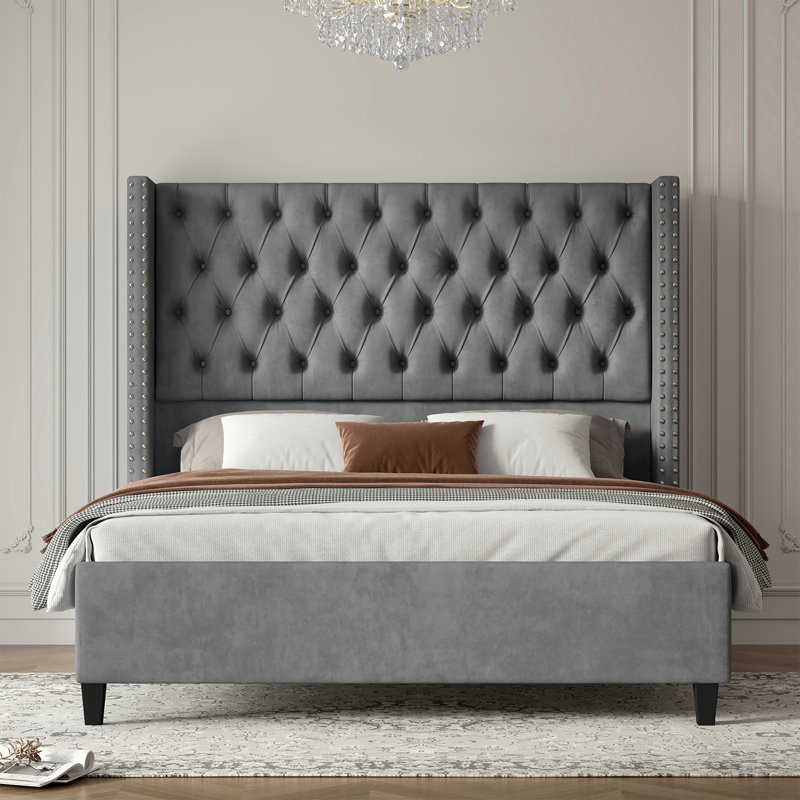 Duluth Upholstered Wingback Bed, King, Gray