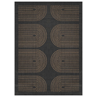 Geometric Border Dark Gray/Natural Easy-Care Jute-Style Indoor/Outdoor Flat Woven Area Rug