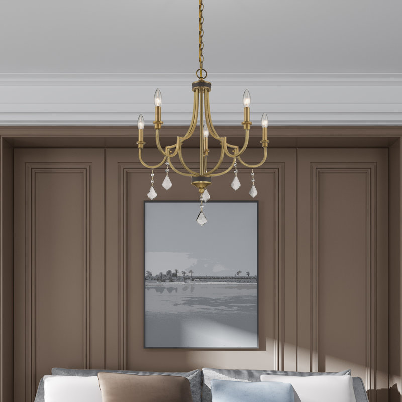 5-Light Empire Candle Chandelier with Dedric Crystal Details, Laiton antique