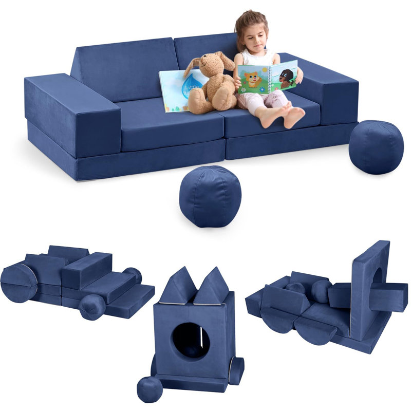 Kids Play Couch, 12 Pcs Modular Toddler Couch, Blue Faux Leather