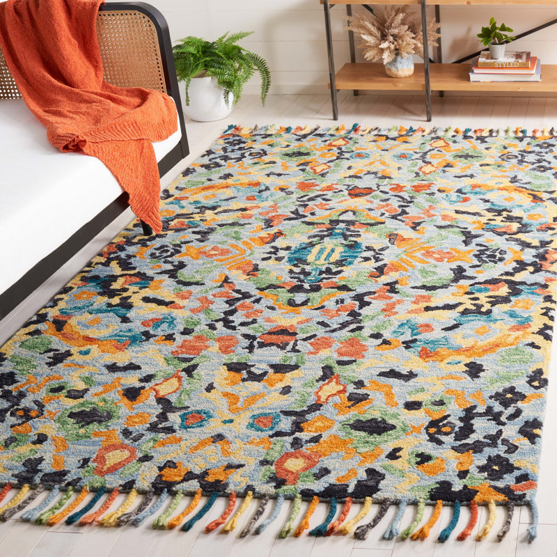 Jahiem Hand-Knotted Wool Blue Area Rug, Rectangle 5' x 8'