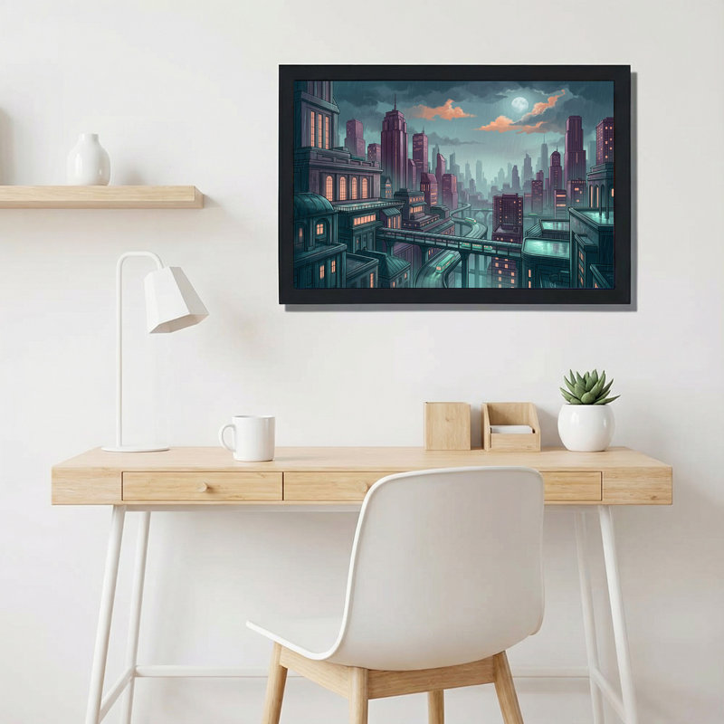 «Rainy Night City Skyline with Moon and Trains», art mural sur toile, 20"H x 30"W