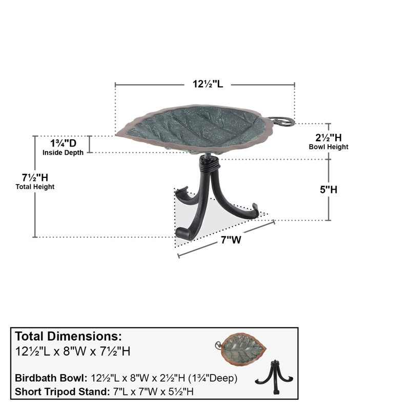 Aspen Leaf Copper Birdbath with Wrought Iron Tripod Stand