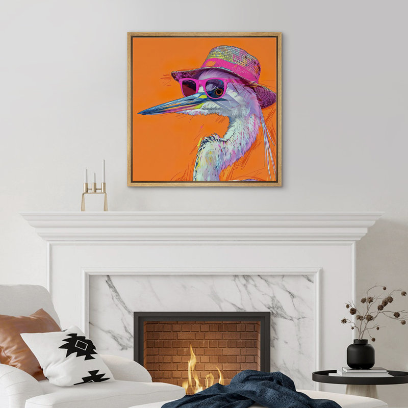 «Bright BCBG» vif orange héron avec chapeau et lunettes de soleil, H 24 po x l 24 po, Encadré naturel