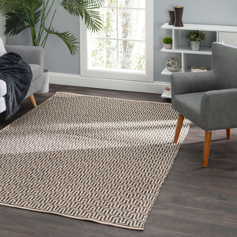 Tapis gris / ivoire en coton tissé à la main Bradshaw, Rectangle de 5 pi x 8 pi