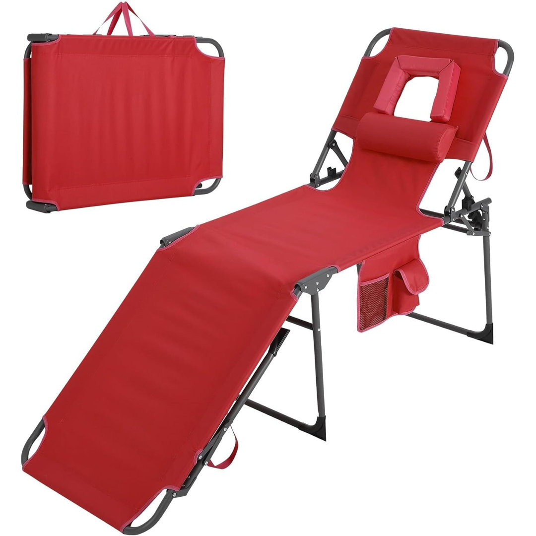 Folding Sun Lounger, Face Hole, 5 Position Backrest for Beach Pool