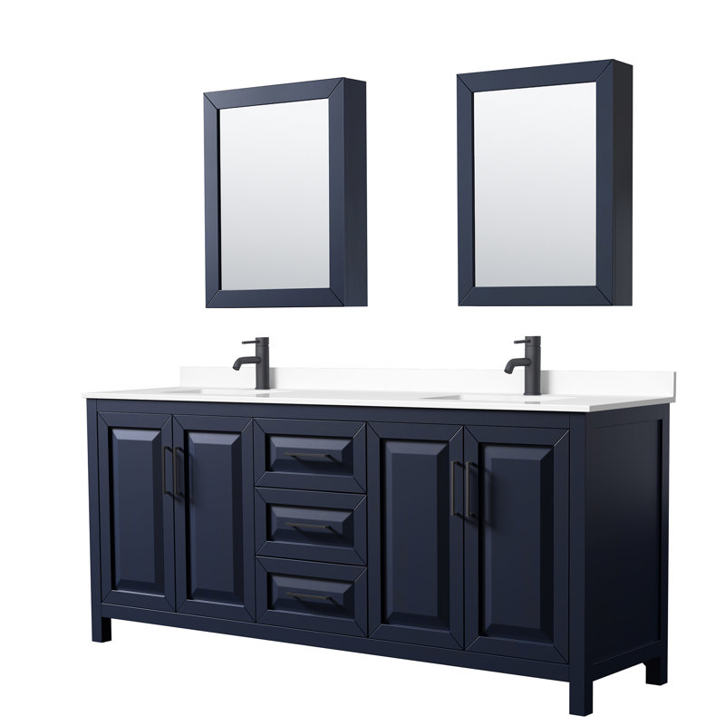 Daria 80'' W Double Vanity, Brushed Gold, Carrara Cultured Marble, Dark Blue