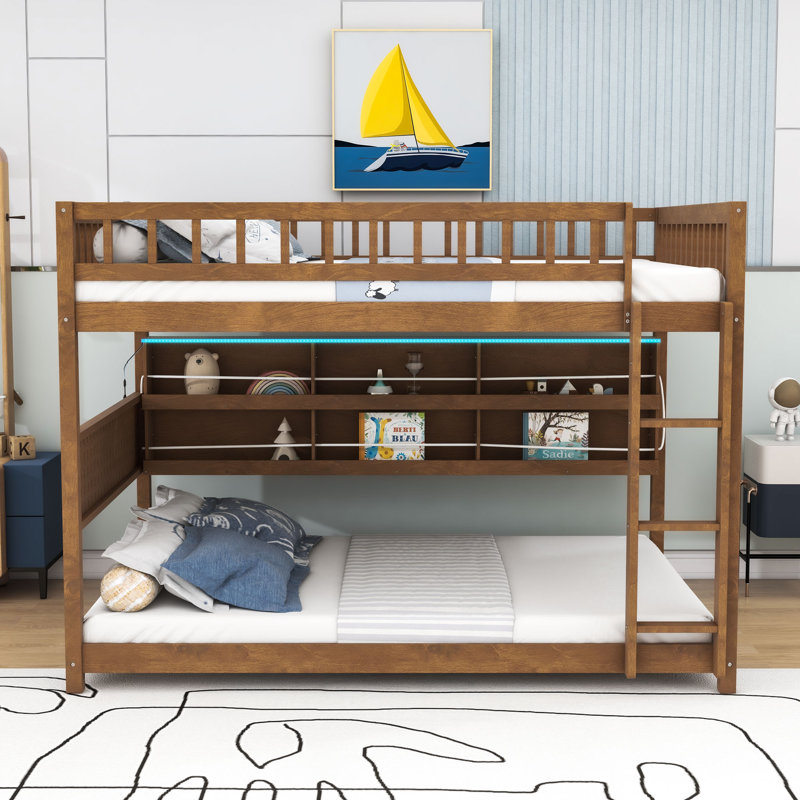 Wooden Bunk Bed with Shelves, LED Lighting and Pegboard Storage, Full Over Full, Brown